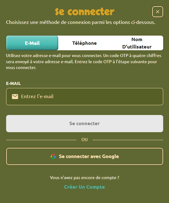 Fenêtre de connexion et d'inscription de Betcleo Casino avec les options de connexion