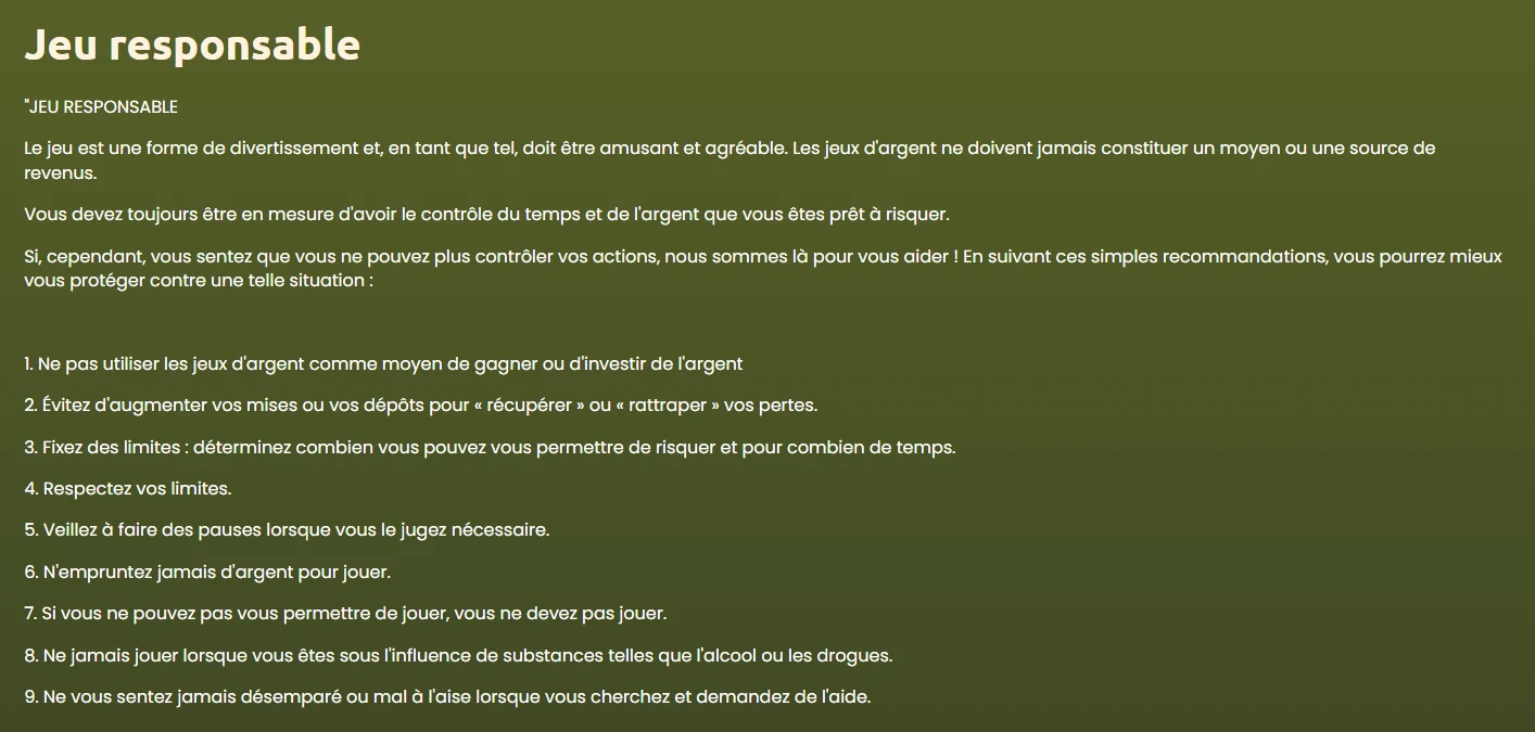 Page Jeu responsable de Betcleo Casino avec les recommandations pour jouer en toute sécurité