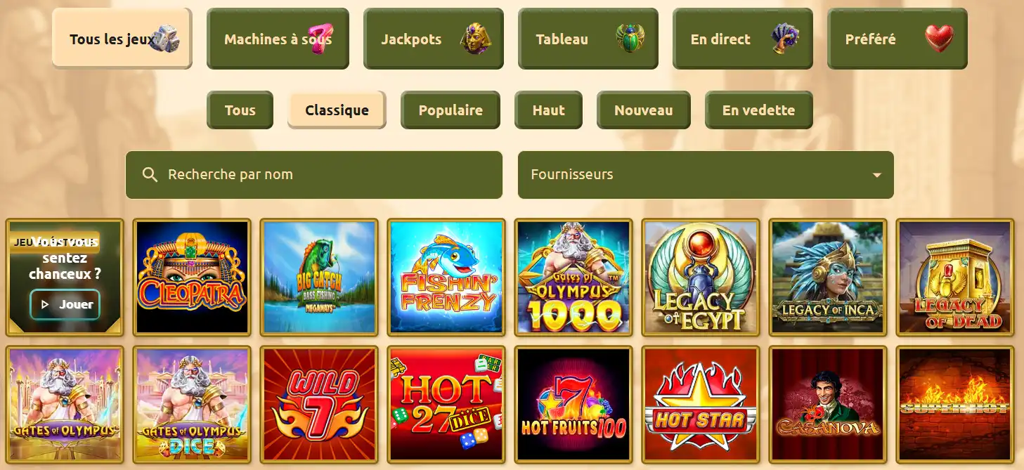 Catalogue des jeux de Betcleo Casino avec les principales catégories de machines et de jeux en direct
