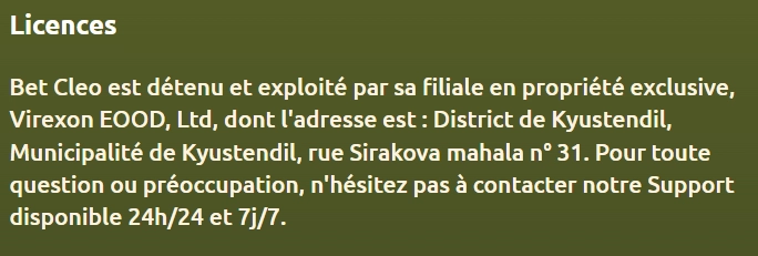 Informations sur la licence de Betcleo Casino et l'exploitant Virexon EOOD, Ltd.