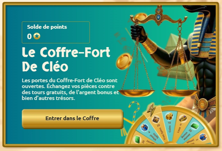 Interface du programme de fidélité Cleo's Vault avec les récompenses et le coffre de Betcleo Casino