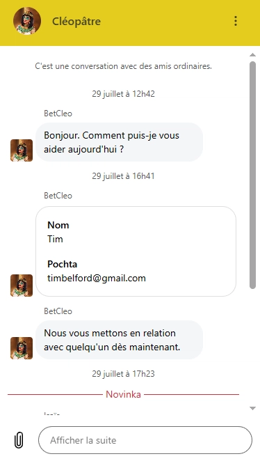 Conversation avec le service client de Betcleo Casino via le chat en direct